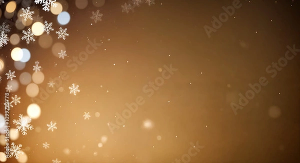Fototapeta A Christmas wallpaper featuring snowflakes and bokeh lights on the left, with space for text on the right.