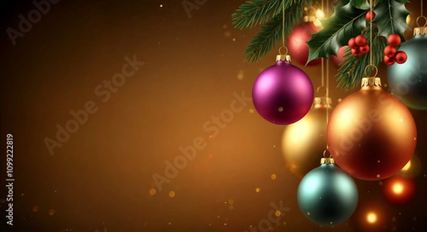 Fototapeta Colorful Christmas baubles hang from a Christmas tree amidst twinkling lights, with copy space on the left.