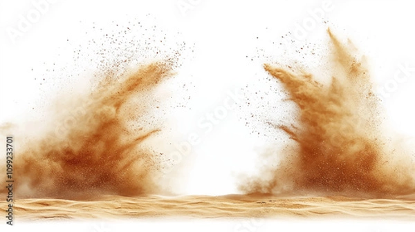 Fototapeta Blur Defocus image of Small Fine Sand flying explosion, Golden grain wave explode blow. Abstract sands cloud. Yellow colored sand splash up in Air. White background Isolated high speed shutter freeze