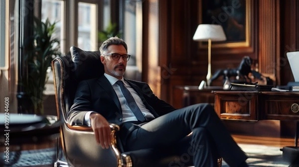 Obraz Confident Middle-Aged Male Executive Seated in Luxurious Office Setting Enveloped in Warm Sunlight