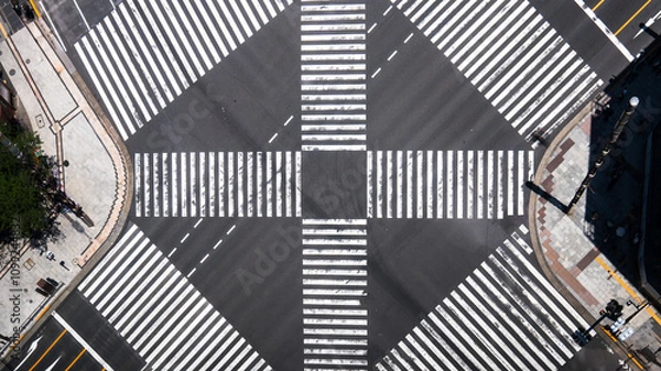 Obraz Top view of the iconic Ginza street in Japan, showcasing detailed road texture and crosswalk patterns. A symbolic urban scene of Tokyo's famous shopping district."