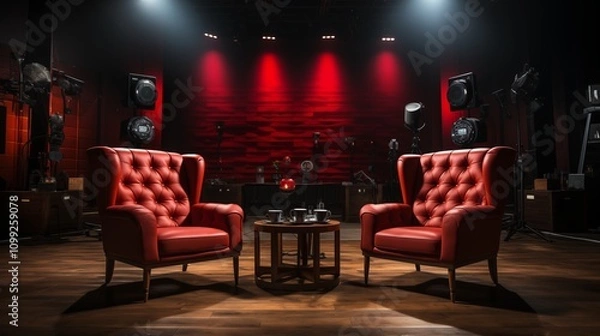 Fototapeta Studio interior for podcast and interview with two mics chairs setting
