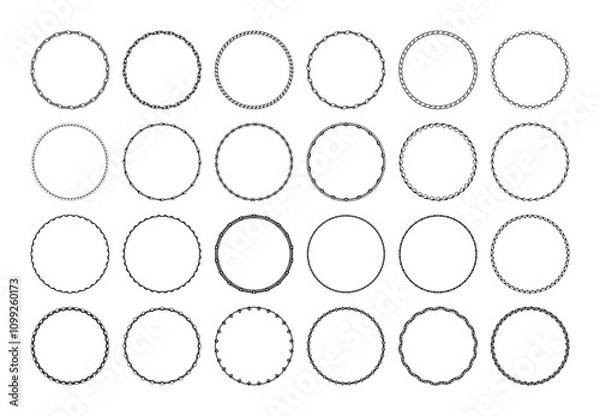 Obraz Black round border frames with braided and rope ornaments, isolated on a white background. Large collection of different circles, edging, outline rims. Vector big set of decorative circles for stamp