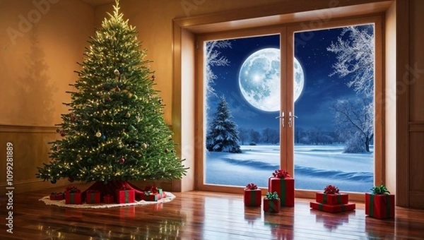 Fototapeta christmas tree with window view to the outside