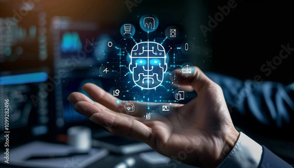 Fototapeta A business professional is presented with an icon of AI in the center, surrounded by digital marketing tools like graphs and charts on his desk.