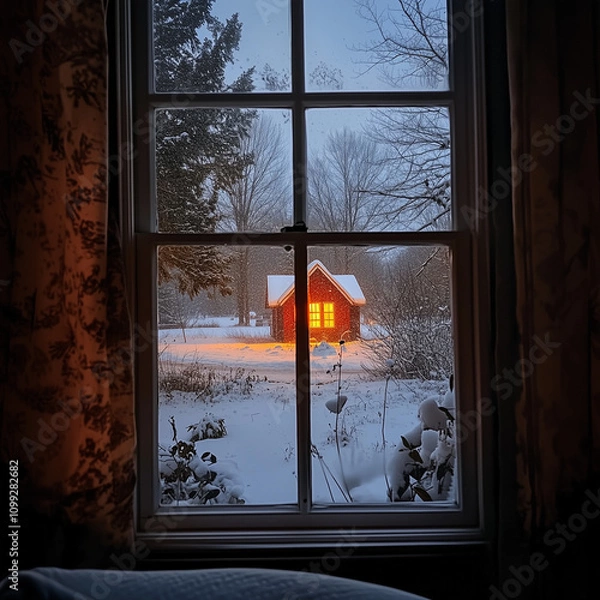 Fototapeta window view to a cottage in winter