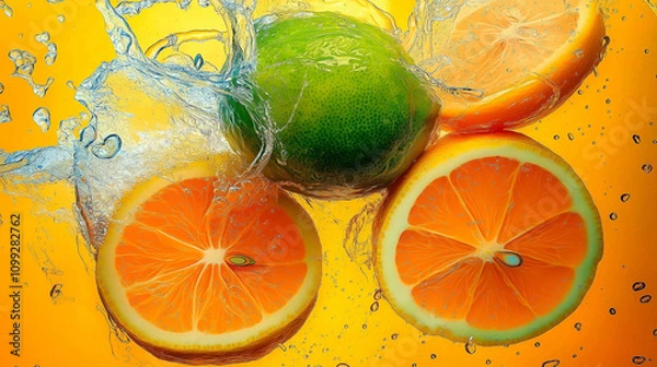 Fototapeta lime and orange halves splashed with water