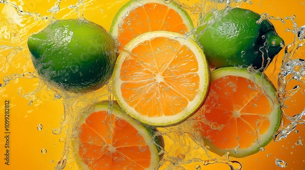 Fototapeta lime and orange halves splashed with water