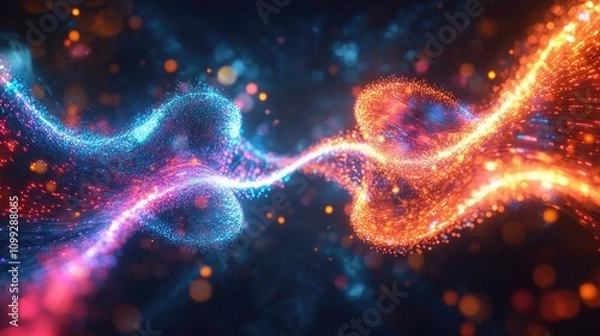 Fototapeta Abstract quantum entanglement visualized by two interconnected particle clouds, each emitting vibrant light trails. 