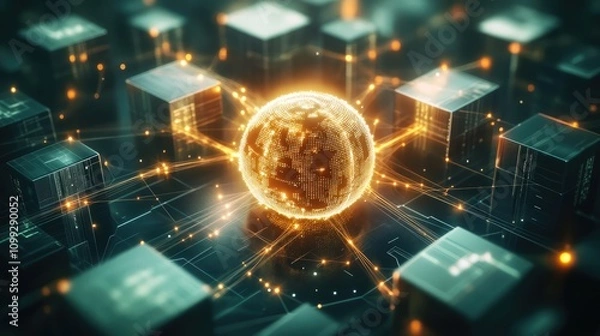 Fototapeta An abstract, futuristic blockchain hub visualized as a glowing sphere surrounded by interconnected data blocks. The blocks emit light as encrypted information flows between them.