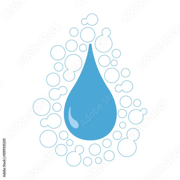 Obraz Minimalist design features a blue water droplet surrounded by bubbles, symbolizing purity, cleanliness, and sustainability. Perfect for eco-friendly, hydration, or water-themed branding.