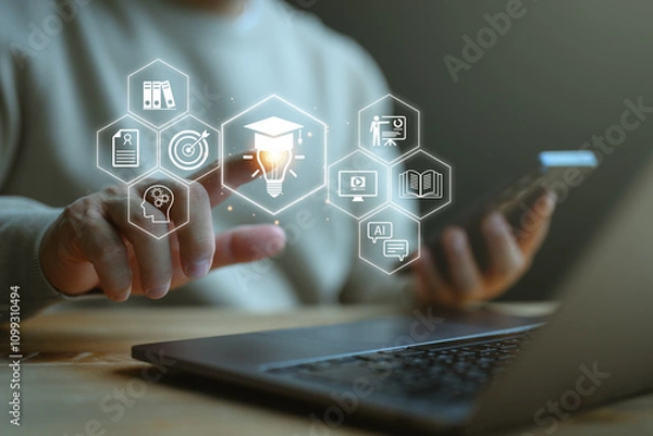 Fototapeta e-learning on a laptop. learning icon, library on the internet website. concept of lesson learning e-book training digital online. course education in webinar technology
