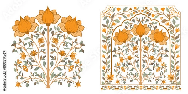 Obraz Mughal decorative ornamental floral. Vintage intricate traditional mughal style with flowers and foliage.