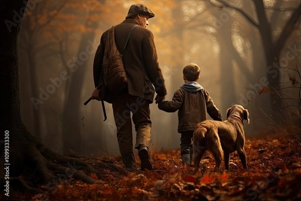 Fototapeta  Dad and son hunting in the autumn forest with guns.