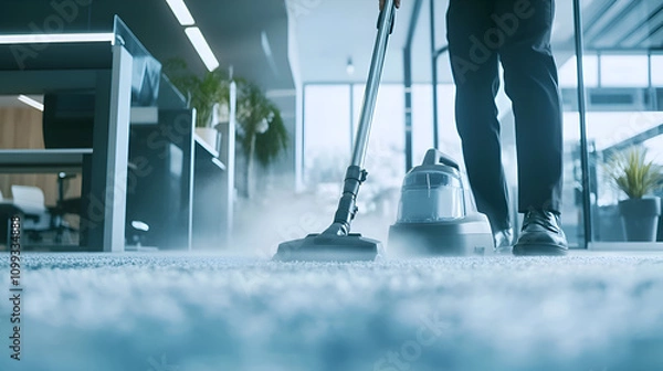 Obraz Professional carpet cleaning services concept. A janitor actively using a high-powered vacuum cleaner to clean a plush office carpet. Suitable for marketing or business purposes