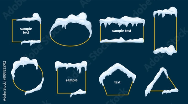 Fototapeta Frames with snow ice cap. Card or poster template. Snowdrifts shapes with icicles. Winter frame decoration. Snowy roof effect. Frost icy heaps. Frozen vector cartoon flat isolated illustration