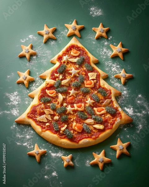 Fototapeta A very juicy and delicious pizza made in the shape of a Christmas tree with decorations, placed on a solid green background, in the spirit of Christmas and New Year