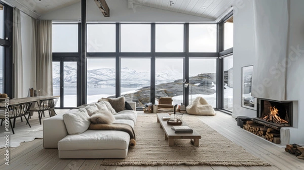 Fototapeta large living room with white walls, large windows and an open fireplace, in the style of norwegian nature