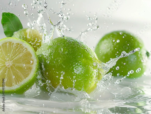 Fototapeta water splashing onto lime, in the style of white background and colorful fruits