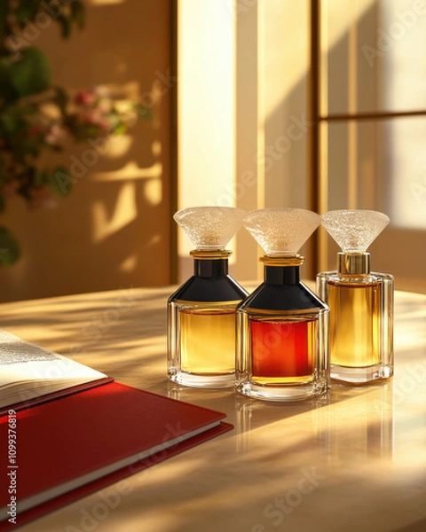 Fototapeta bottles of perfume on the table, sunlight shines minimalistic scene in the style of luxury