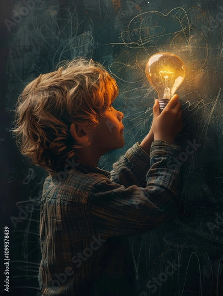 Fototapeta boy making sign with lightbulb on a chalk board, in the style of uhd image