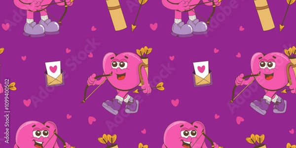 Fototapeta Seamless pattern with hearts, arrows, cupid. Happy Valentine's Day. Design for textiles, packaging, postcards.