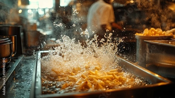 Obraz French Fries Being Fried In Boiling Oil In A Restaurant Kitchen