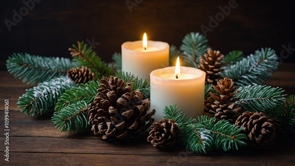 Obraz christmas decoration with candle, branch, trees and pines 