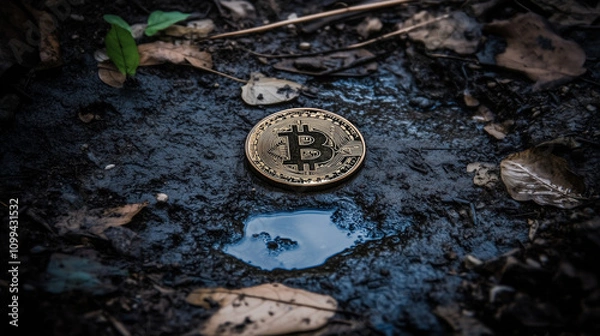 Fototapeta Golden Bitcoin (BTC) coin submerged in murky water, capturing the shadows of a bear market crash, representing the financial cycle and the unpredictable nature of cryptocurrency and digital investment