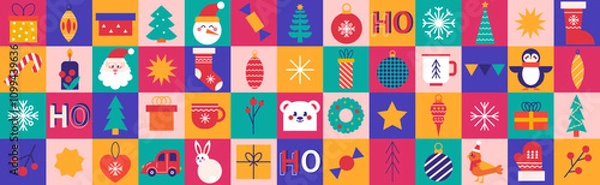 Fototapeta Merry Christmas and Happy New Year icons geometric modern background. Holiday season, contemporary abstract elements. Modern design for banner, poster, card, wallpaper