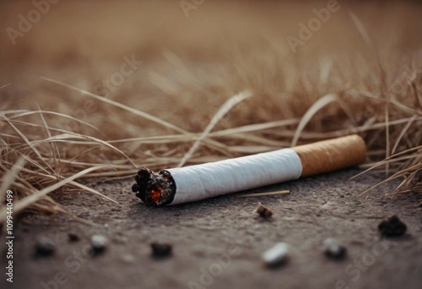 Fototapeta Cigarette butts on the ground. The concept of quitting smoking. AI generated