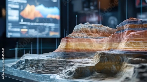 Obraz A 3D geological model, showing rock layers and seismic data points on digital displays