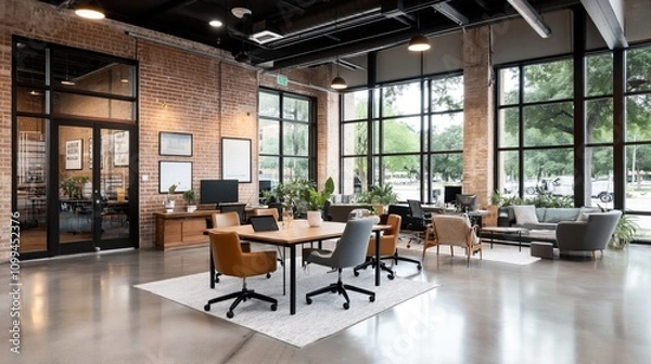 Obraz Modern open office space with industrial design, featuring large windows, brick walls, and contemporary furniture including tables, chairs, and plants for a collaborative work environment.