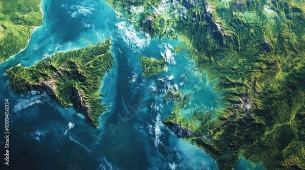 Obraz Capture a high-resolution satellite image of Earth showcasing vibrant green rainforests, winding rivers, and crystal-clear oceans, highlighting the planet's natural beauty from above." 