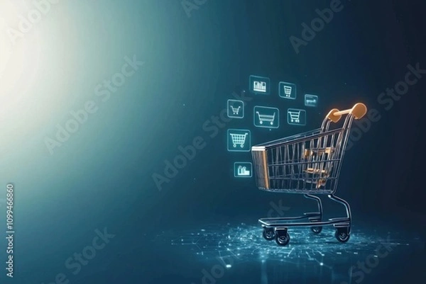 Fototapeta E-commerce innovations shopping cart technology digital marketplace graphic illustration futuristic environment conceptual viewpoint