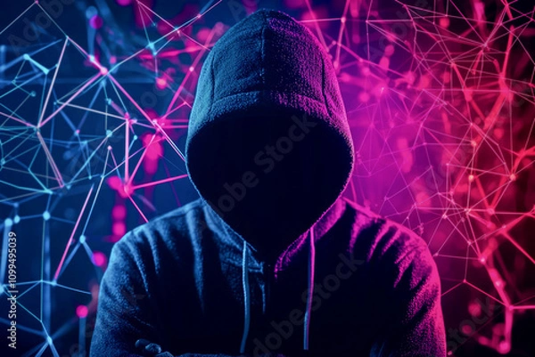 Fototapeta Cybercrime concept. Anonymous figure in a hoodie with digital background