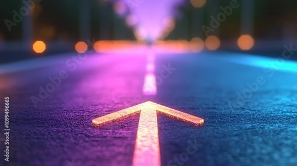 Obraz Glowing Neon Arrow on Asphalt Road at Night