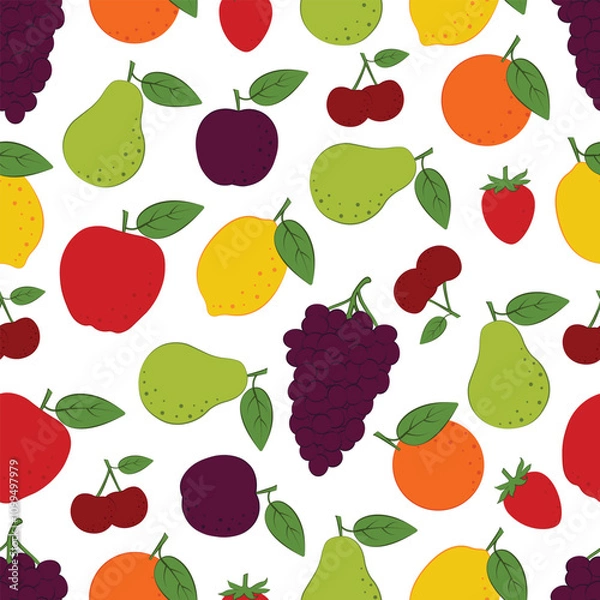 Fototapeta Seamless pattern with fruits. A pattern depicting fruits such as an apple, a pear, a plum and a lemon with grapes and also a cherry with strawberries. Fruit pattern for print and packaging. Vector