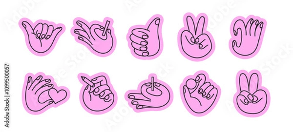 Fototapeta Vector set of icons and simple linear illustrations, hands and gestures, poster, logo, print design template, hand drawn hands  in minimal modern art style, stickers for social media