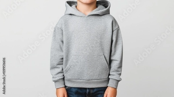 Obraz Mockup Kids Pullover Hoodies. A young child wearing a gray hoodie stands against a neutral background, showcasing a casual and comfortable style.