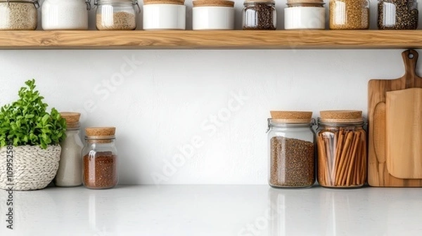 Fototapeta Clean Kitchen Countertop with Spice Rack and Jars