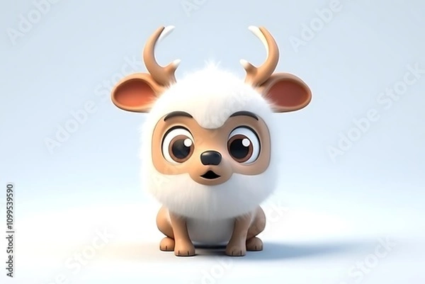 Fototapeta A cute, cartoon-style deer character with fluffy fur and big expressive eyes.