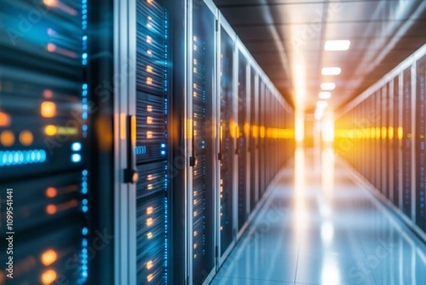 Obraz View inside a bustling data center featuring numerous active server racks