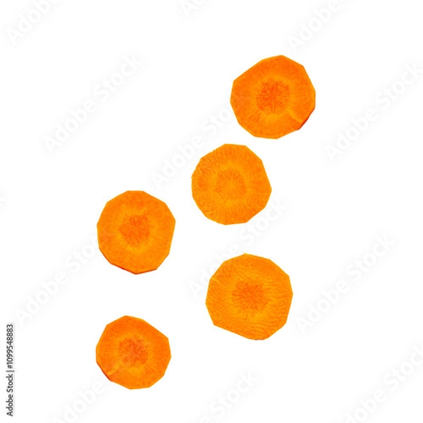Obraz Pieces of falling round carrot slices isolated on white, clipping path, PNG