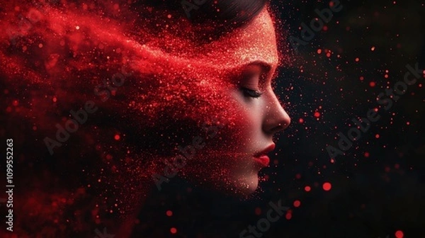 Fototapeta Abstract face dissolving into red particles, symbolizing the intersection of human identity and AI in a digital world, showcasing the fragility and transformation of human-machine evolution
