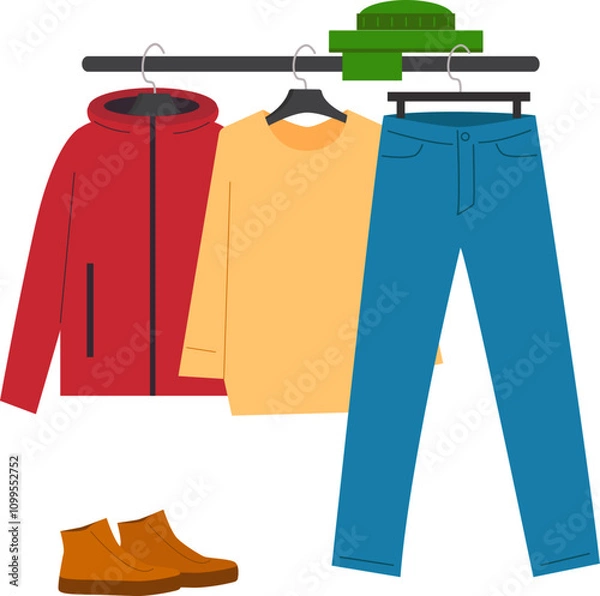 Fototapeta Set of warm clothes for adults on a hanger. Vector illustration with transparent background.