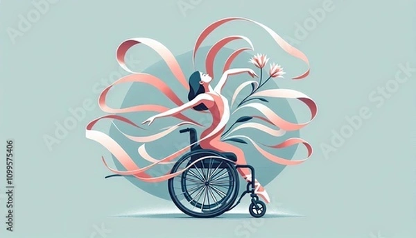 Fototapeta Illustration of a woman in a wheelchair dancing with flowing ribbons and flowers, embodying freedom, expression, and resilience. A conceptual artwork highlighting strength and joy.