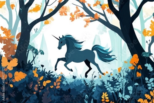 Obraz Majestic Unicorn Galloping Through a Vibrant Autumn Forest Surrounded by Colorful Foliage and Dreamy Atmosphere Inspired by Fantasy Art and Nature