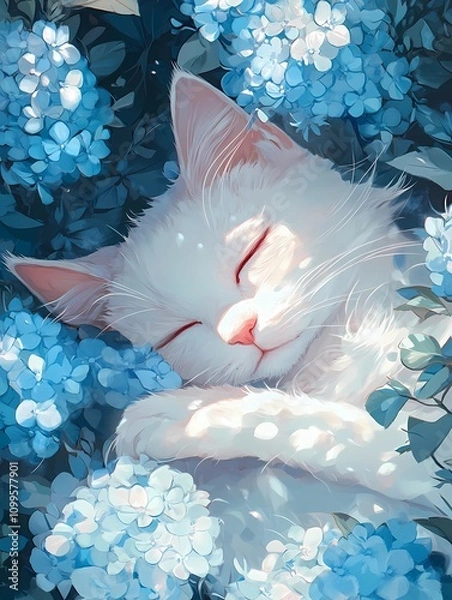 Fototapeta Girl and cat fall asleep among hydrangea flowers