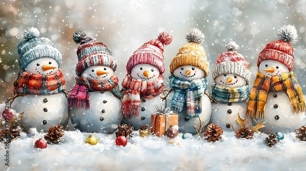 Obraz Festive cartoon-style border with snowmen and mittens for a Christmas postcard on white 